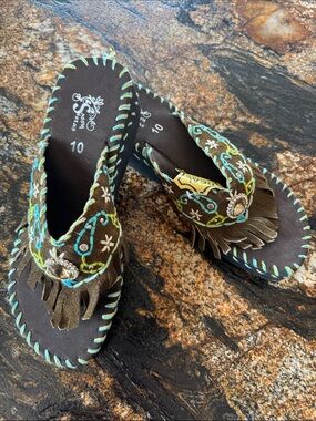 Brown Embroidered Fringe Thong Sandals - Turquoise & Lime Accents